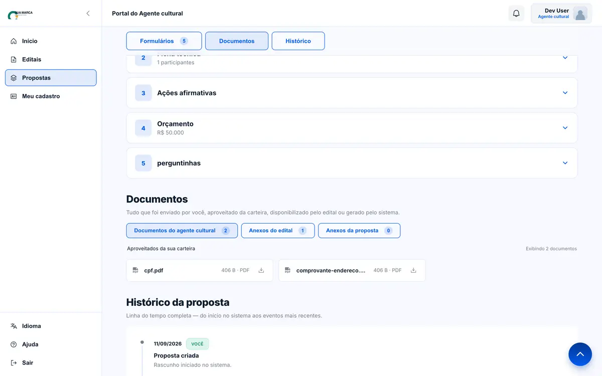 Aba de documentos da proposta, separando documentos do agente, anexos do edital e anexos da proposta.