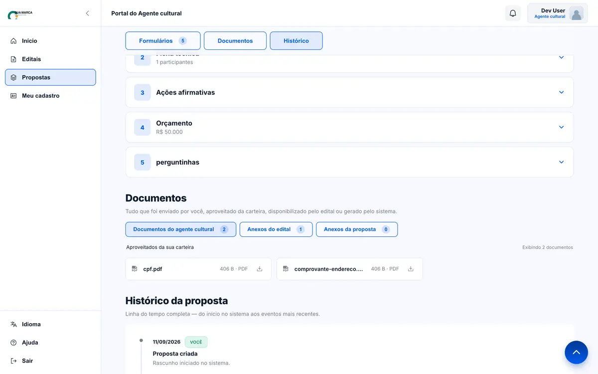 Histórico da proposta, com a linha do tempo dos eventos e o autor de cada um.