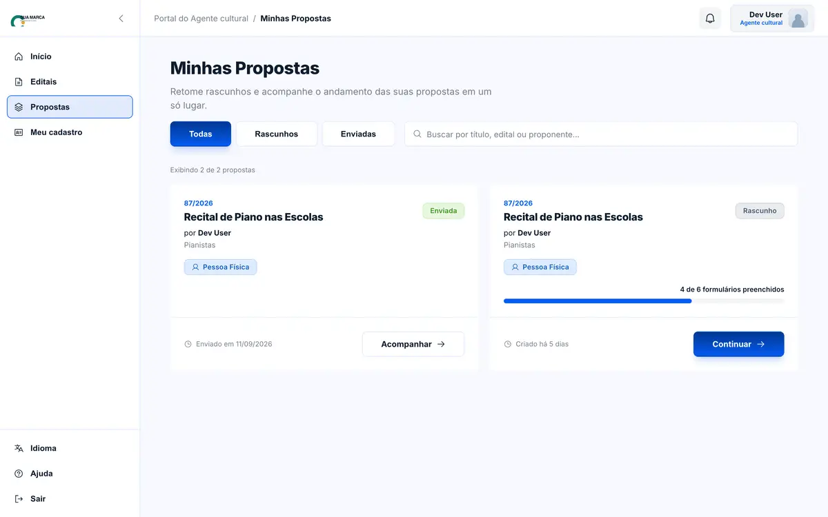 Lista de propostas com as abas Todas, Rascunhos e Enviadas.