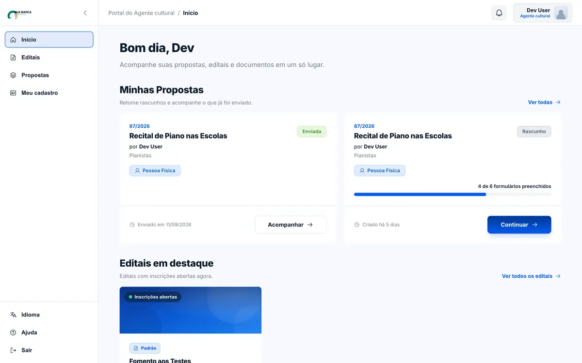 Tela inicial do portal do agente cultural, com as propostas em andamento e os editais em destaque.