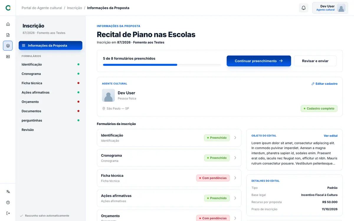 Central da inscrição com a barra lateral de formulários, o progresso e o cartão do agente cultural.