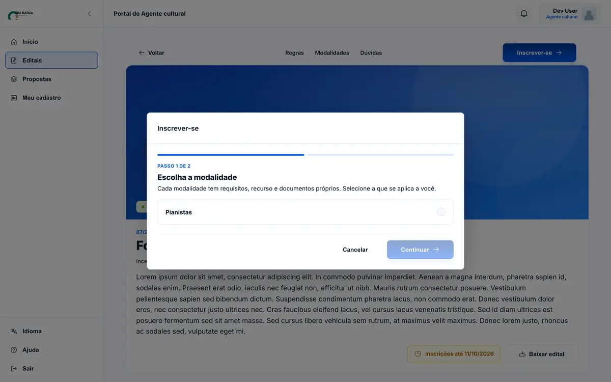 Passo 1 do modal de inscrição, com a escolha da modalidade.