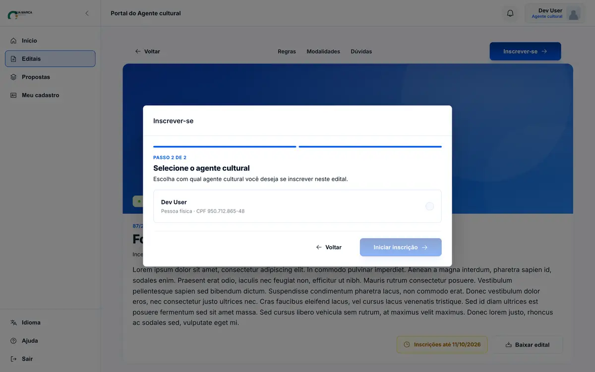 Passo 2 do modal de inscrição, com a escolha do agente cultural proponente.