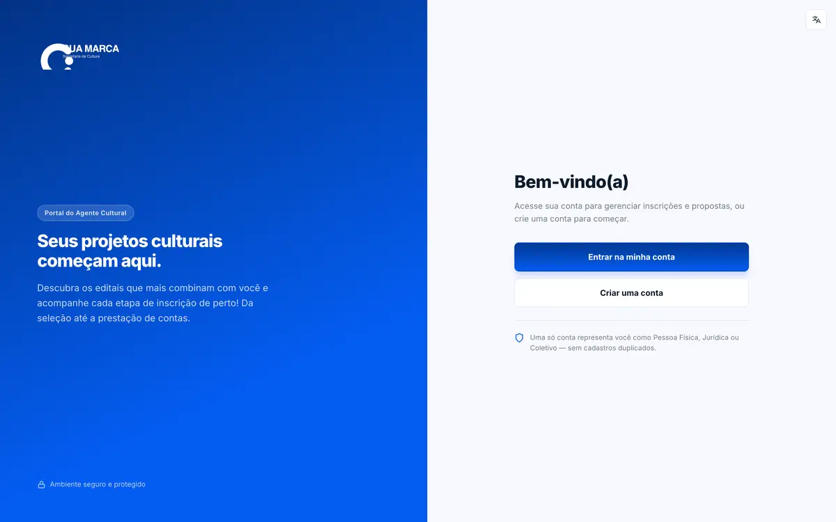 Tela de boas-vindas com os botões Entrar na minha conta e Criar uma conta.