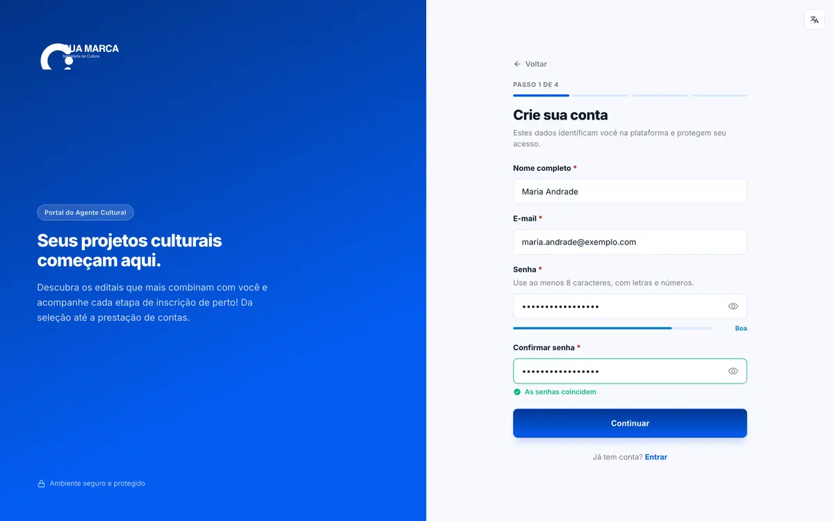 Formulário de criação de conta com nome, e-mail, senha e confirmação de senha, indicando passo 1 de 4.