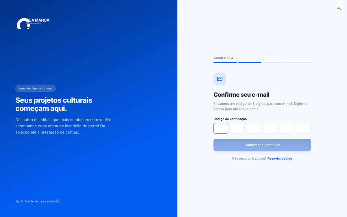Tela de confirmação de e-mail com seis campos para o código de verificação.