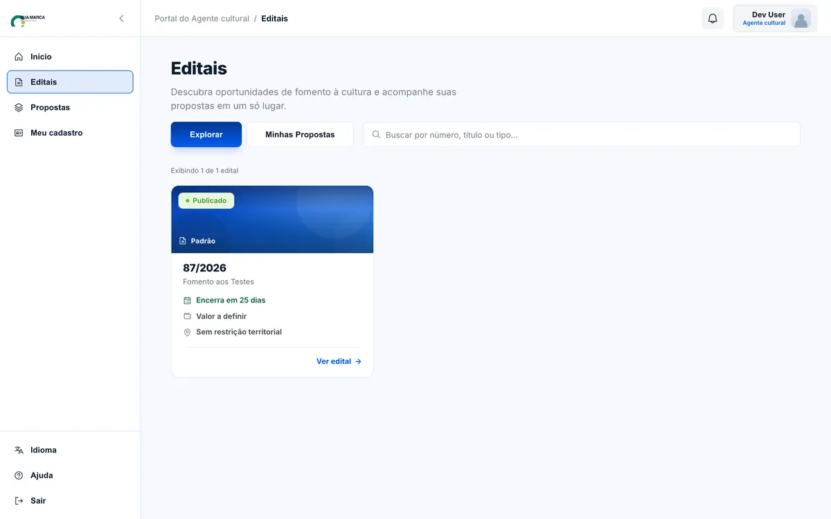 Lista de editais com campo de busca, abas Explorar e Minhas Propostas, e um cartão de edital.