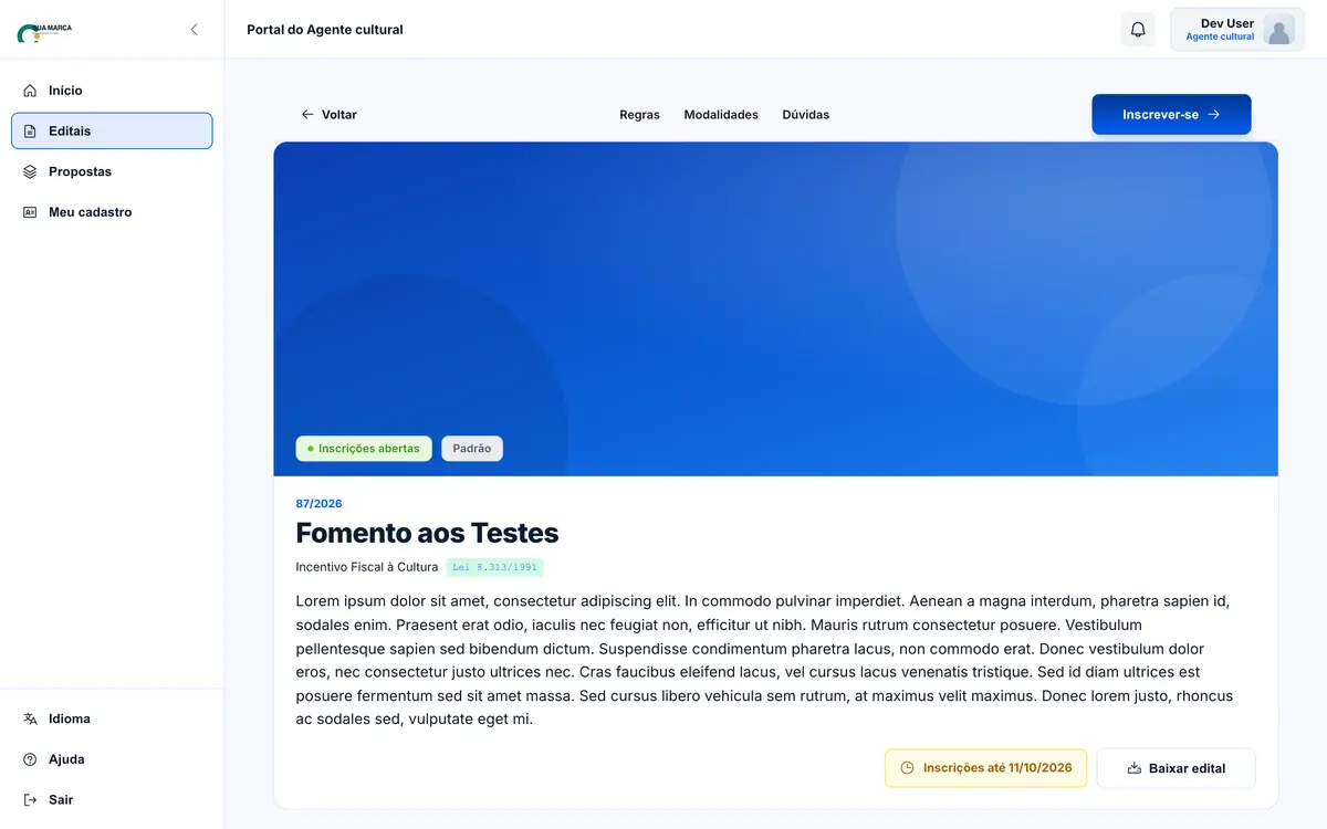 Página de um edital com capa, número, base legal, objeto e o prazo de inscrição.