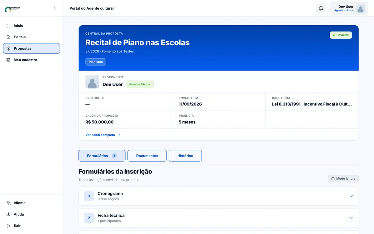 Central da proposta enviada, com protocolo, data de envio, base legal, valor e vigência.