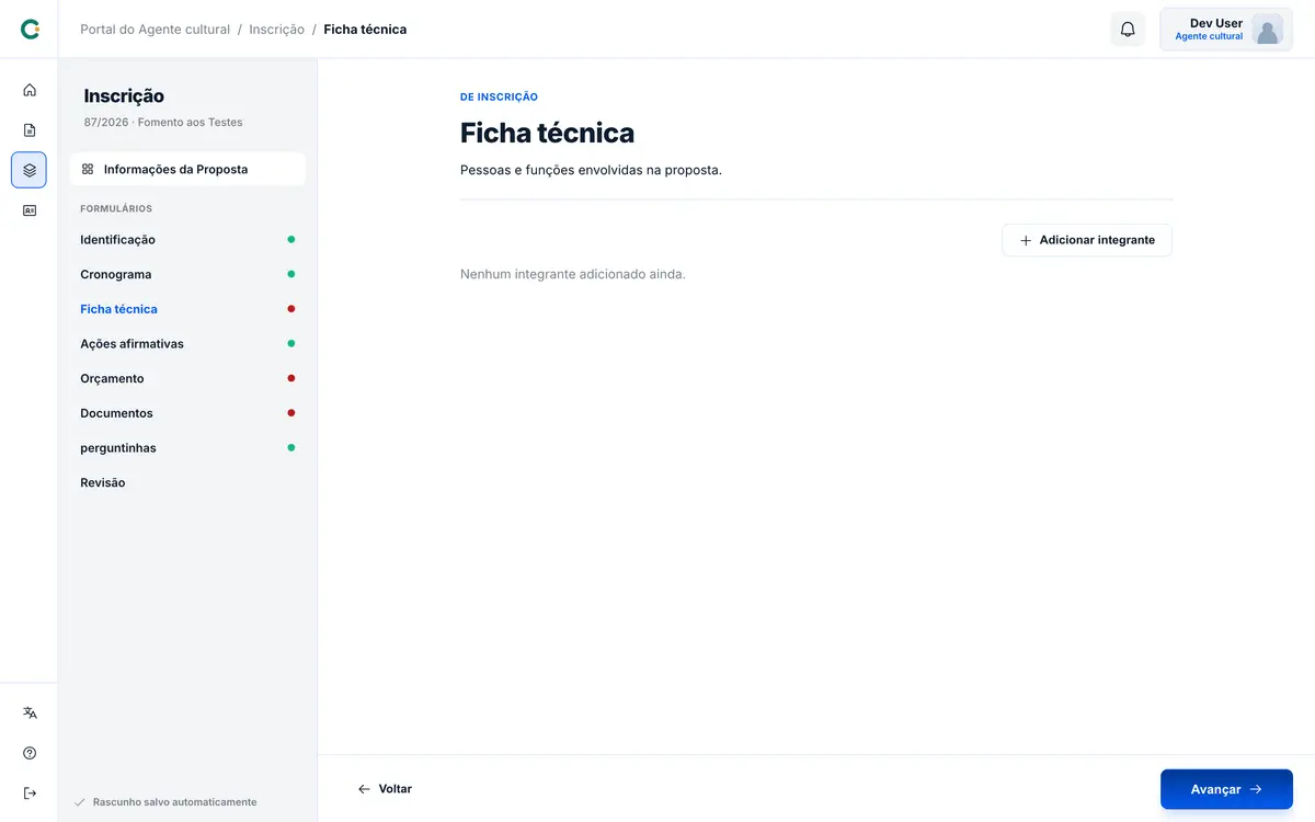 Formulário de ficha técnica, ainda sem integrantes adicionados.