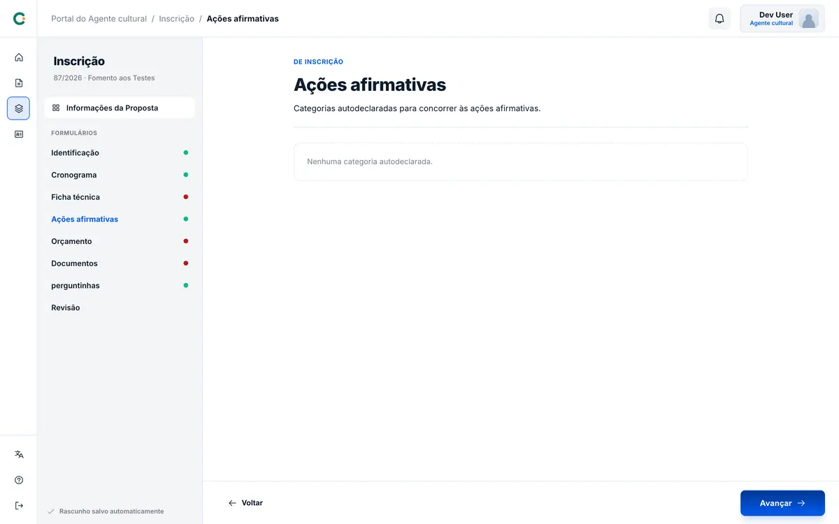Formulário de ações afirmativas com as categorias autodeclaradas.