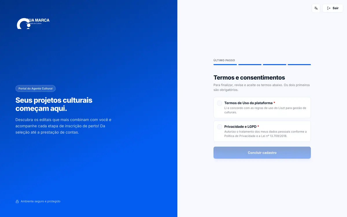 Tela de termos e consentimentos com dois itens obrigatórios não marcados.
