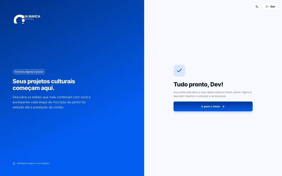 Tela de confirmação com a mensagem Tudo pronto e o botão Ir para o início.